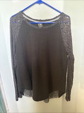 Anthro One September Gray Lace Sleeve Knit Top